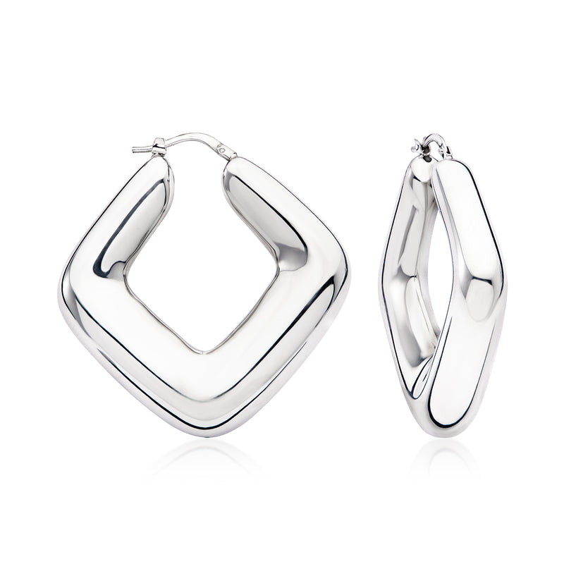 Polished sterling silver geometric hoop earrings with rounded square outline