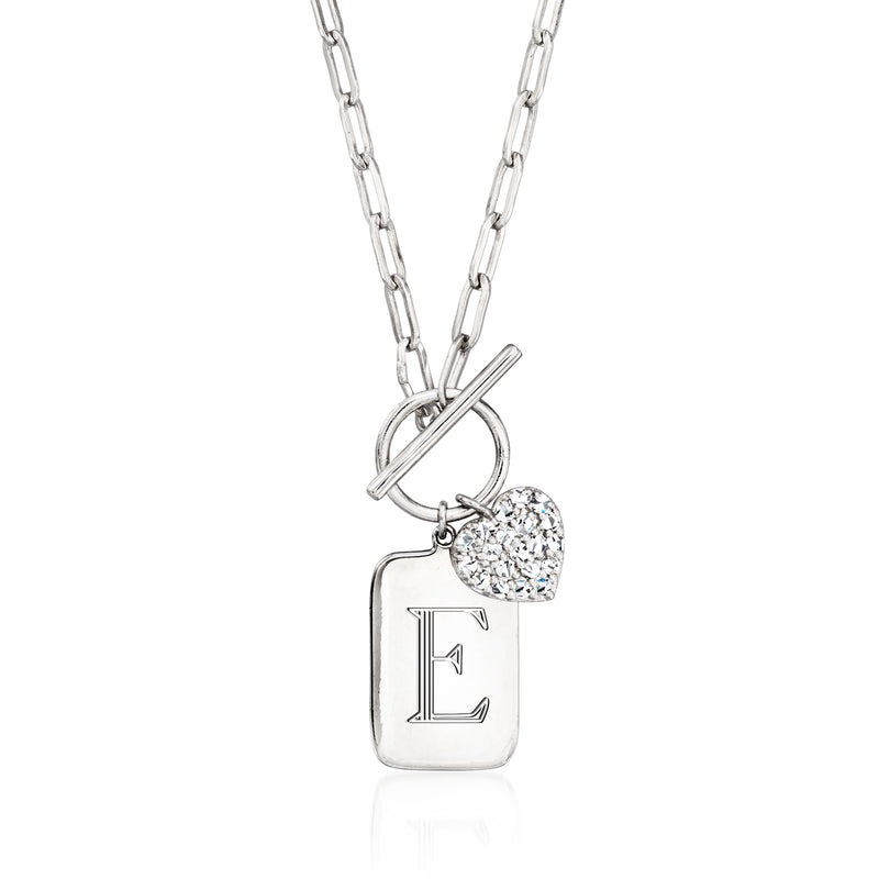 Sterling silver necklace with heart diamond pendant and engraved letter tag charm