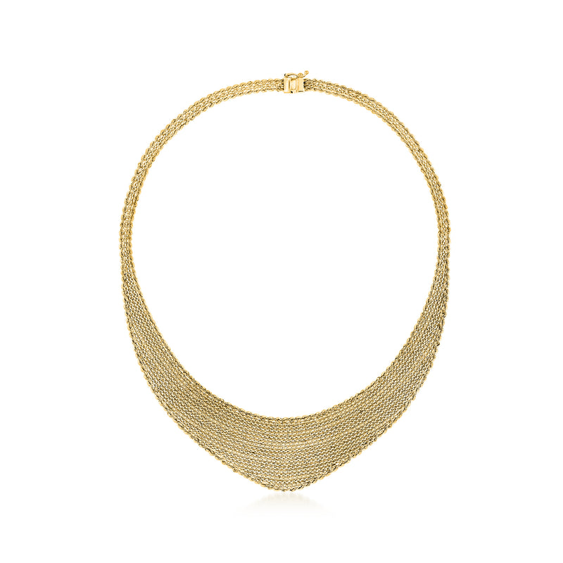 Yellow 14kt gold bib necklace with graduated rope chain, front clasp