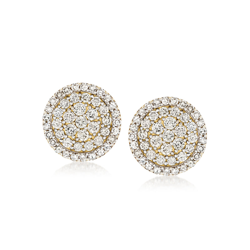 Pair of round diamond cluster stud earrings in yellow gold