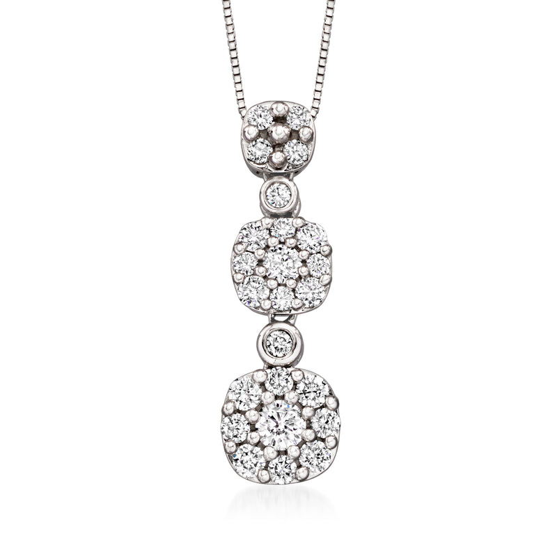 14kt white gold diamond cluster pendant necklace with three round stone clusters