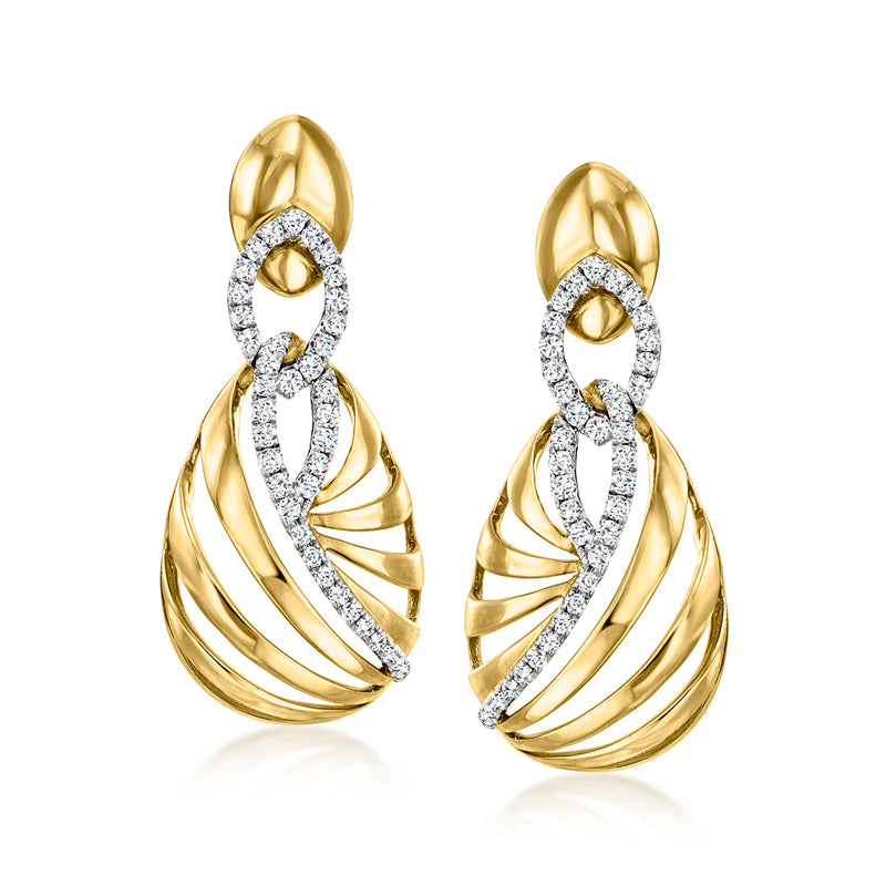 18kt yellow gold openwork drop earrings with oval diamond halo and curved ribbon drops