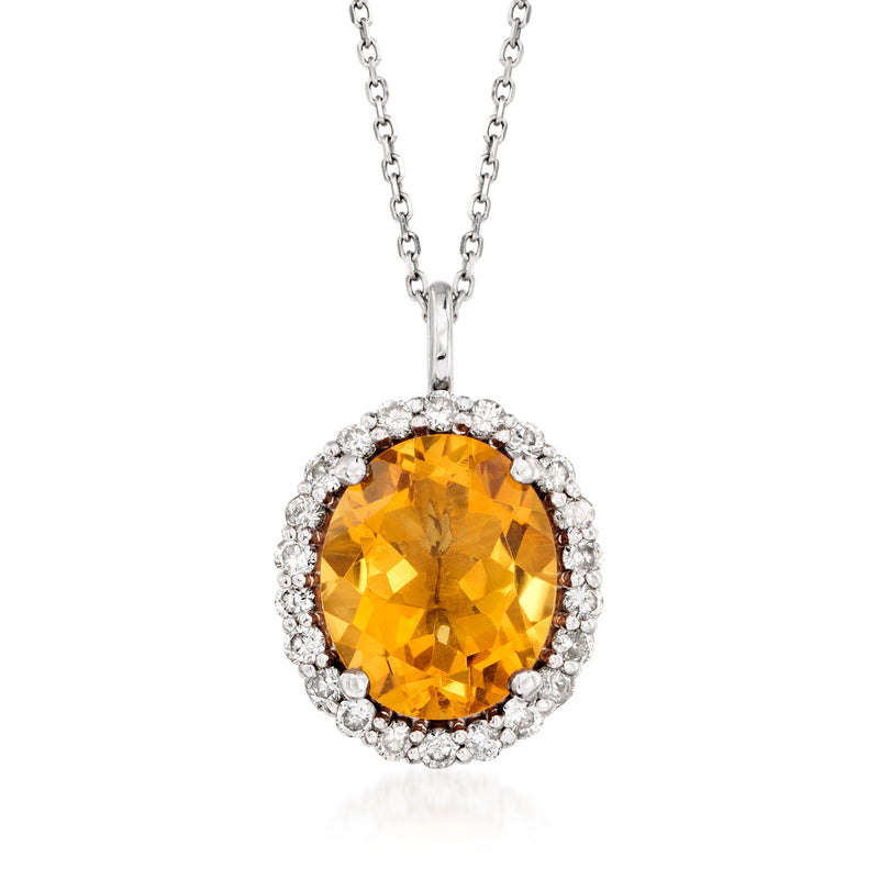 14kt white gold pendant necklace with round citrine gemstone and diamond halo