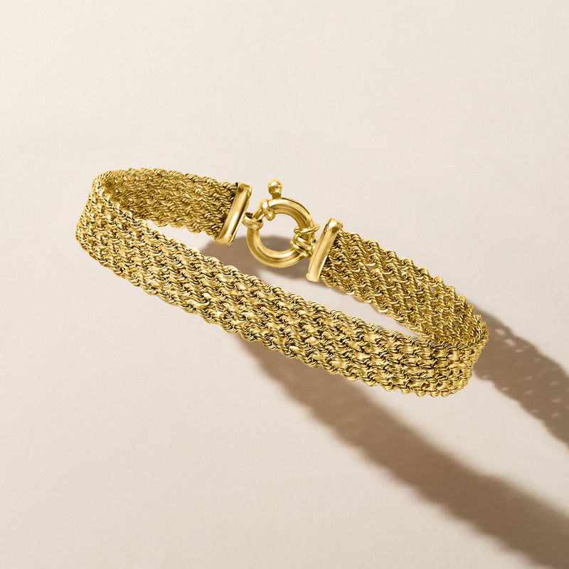 14k yellow gold multi-row rope-chain bracelet, clasp end with hinge and ring