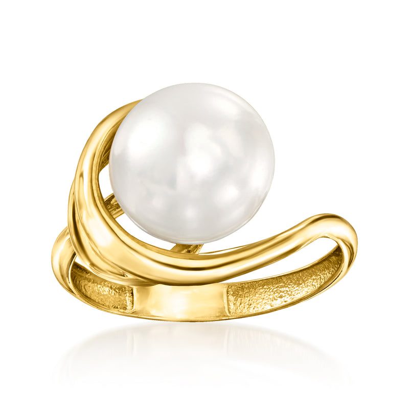 Asymmetrical pearl ring with round white cultured pearl and 14kt yellow gold band