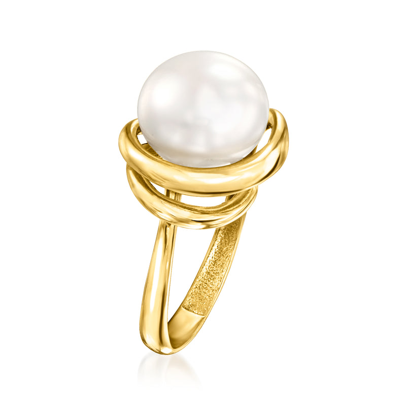 Round white pearl set in sculpted 14kt yellow gold asymmetrical ring band