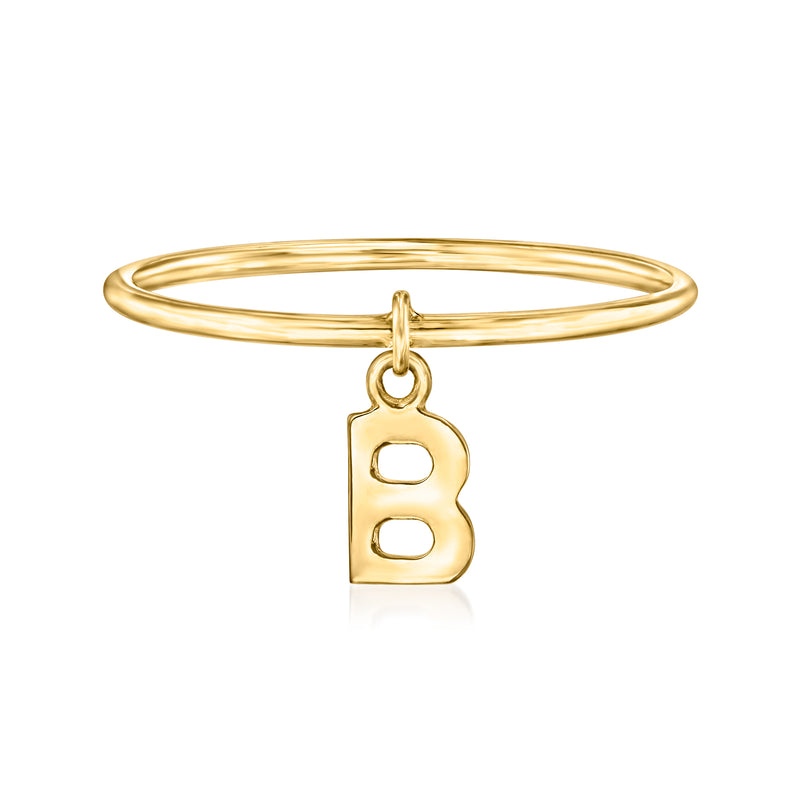 14kt yellow gold initial charm ring with letter B pendant on band
