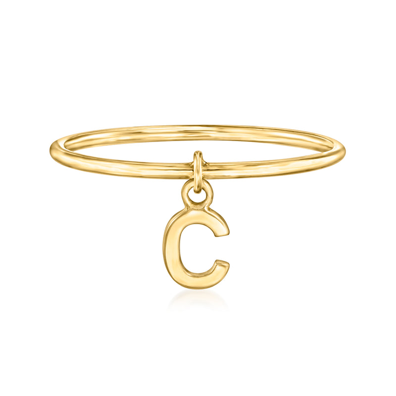 14k yellow gold C initial charm ring with small hanging letter C
