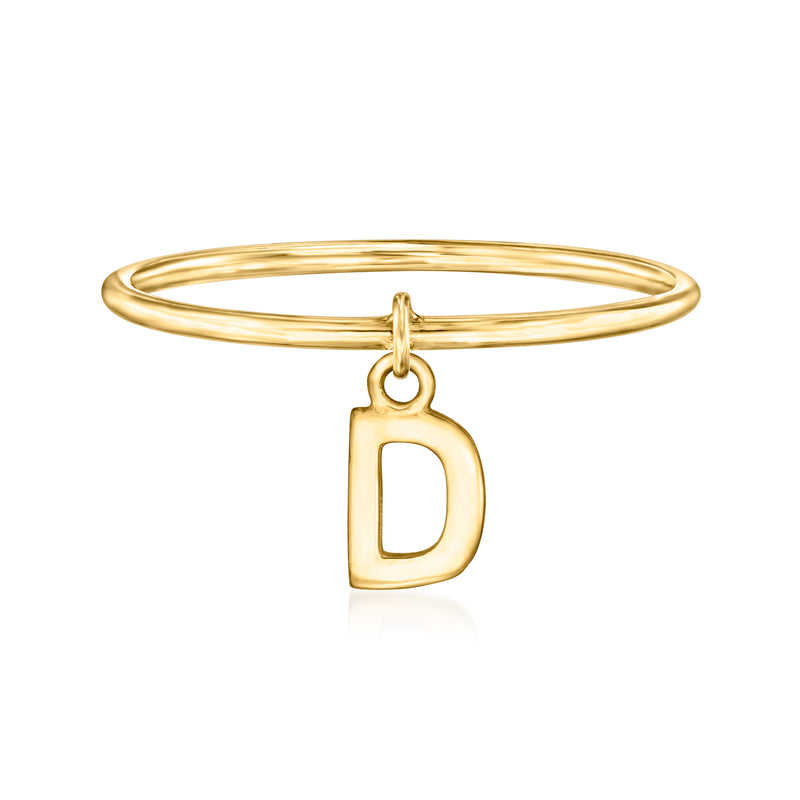 14kt yellow gold initial D charm ring with D pendant on slim band