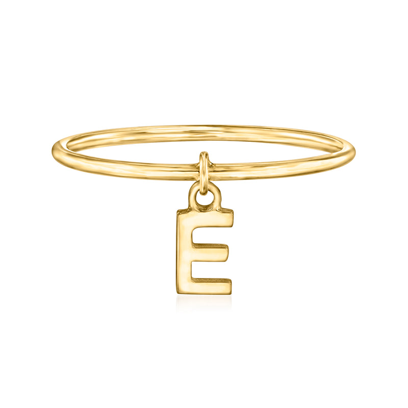 14kt yellow gold initial charm ring with letter E pendant