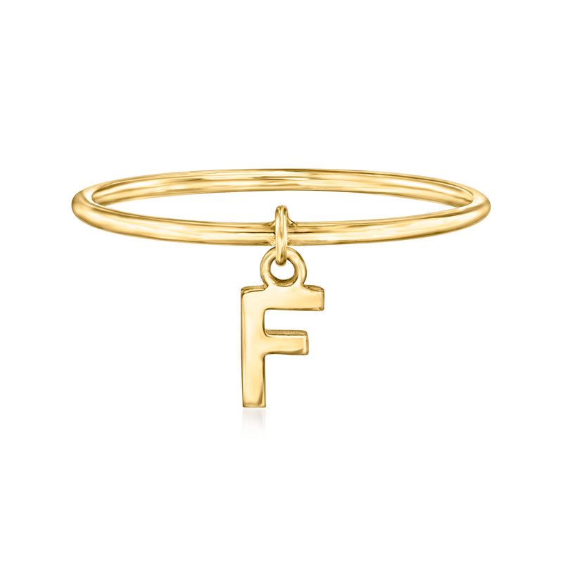 14kt yellow gold initial F charm ring with hanging letter pendant