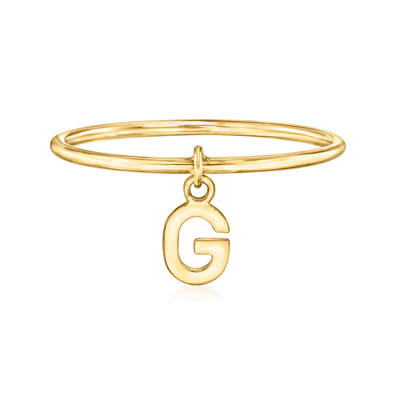 14kt yellow gold initial charm ring with lowercase 'G' pendant