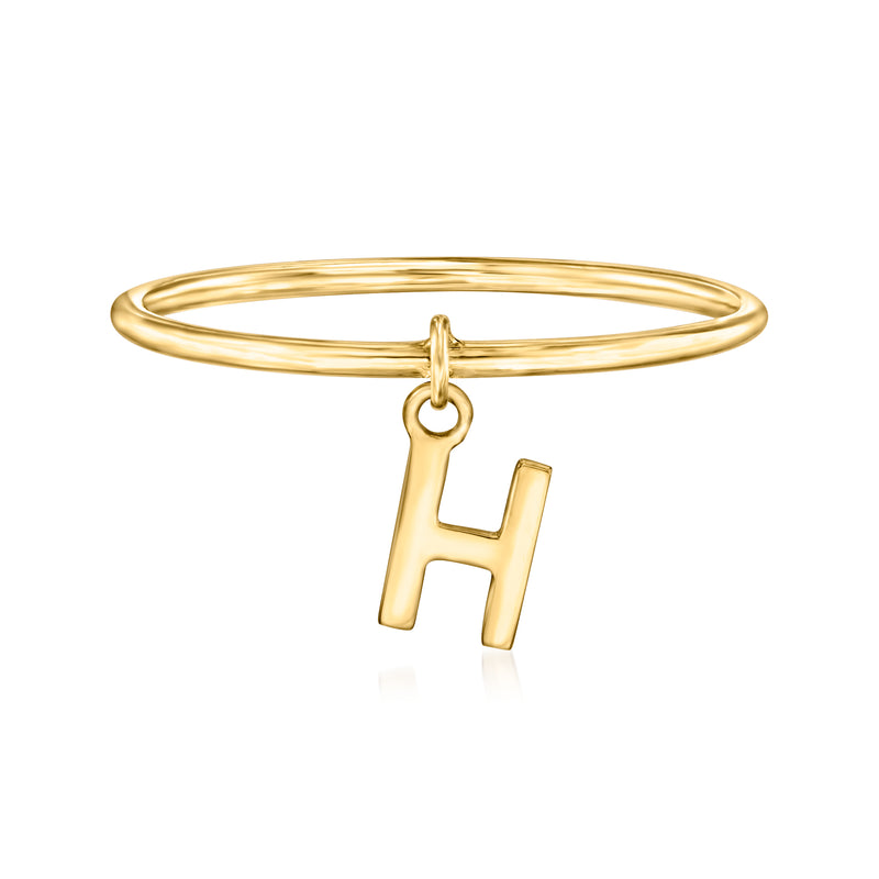 14kt yellow gold H initial charm ring with open band and hanging letter charm