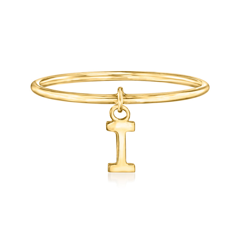 14kt yellow gold initial I charm ring with dangling letter I pendant