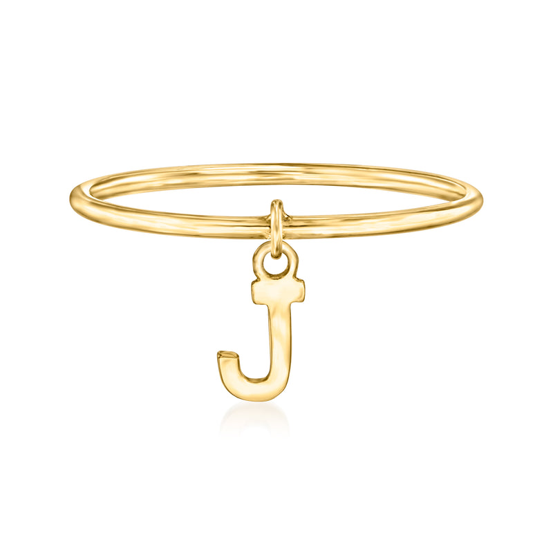 14kt yellow gold J initial charm ring, thin band with small hanging J pendant