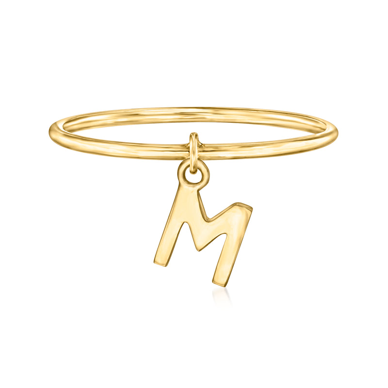 14kt yellow gold initial M charm ring, polished band with hanging letter M