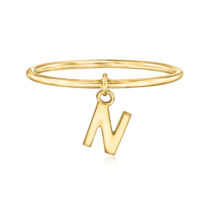 14kt yellow gold initial charm ring with letter N dangling charm