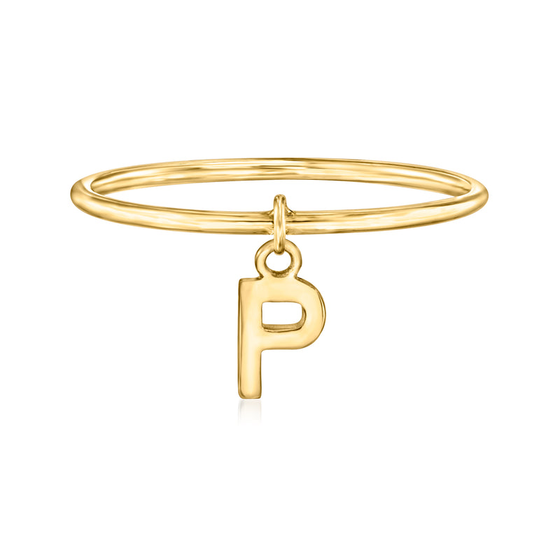 Yellow gold initial P charm ring with looped band setting