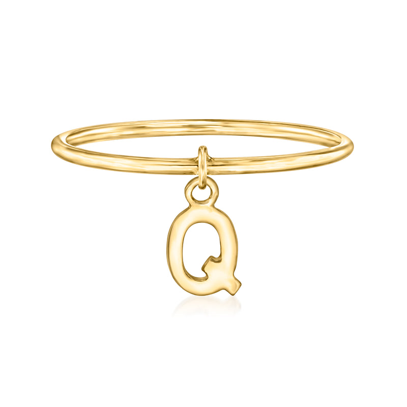14kt yellow gold Q initial charm ring with hanging letter Q pendant