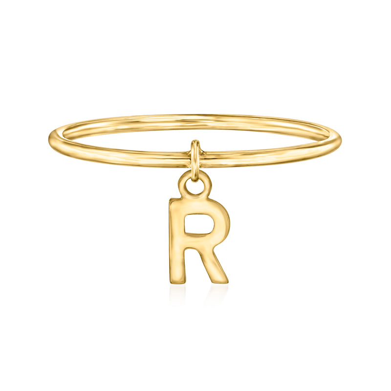14kt yellow gold initial charm ring with letter R pendant