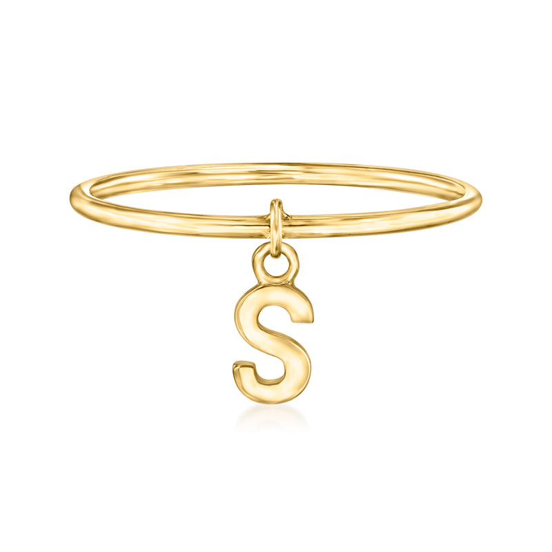 14kt yellow gold initial charm ring with hanging S letter