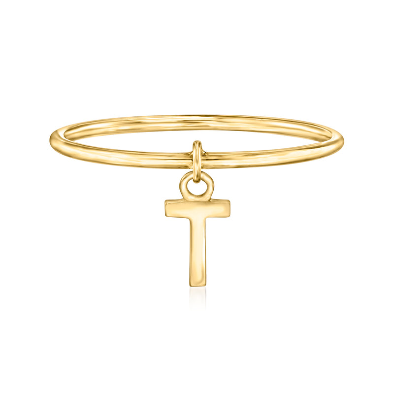 14kt yellow gold T initial charm ring with open band and hanging pendant