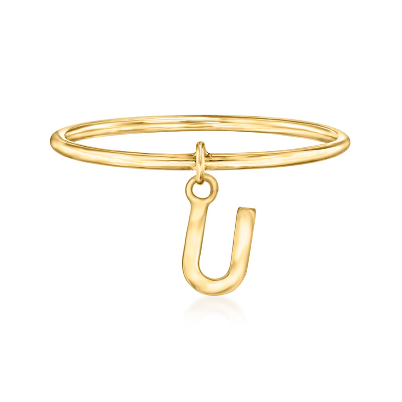 14kt yellow gold U initial charm ring with dangling U charm on slim band