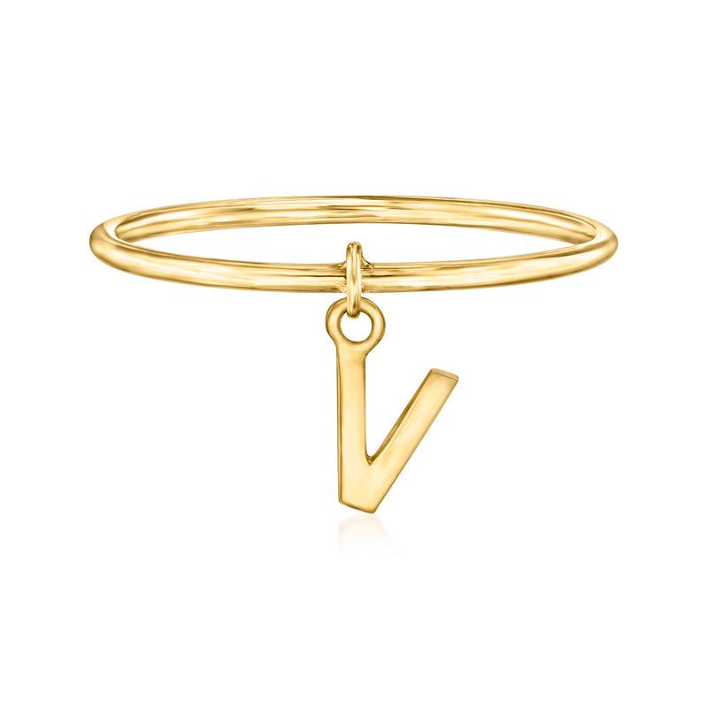 14kt yellow gold V initial charm ring with open loop band and hanging V pendant