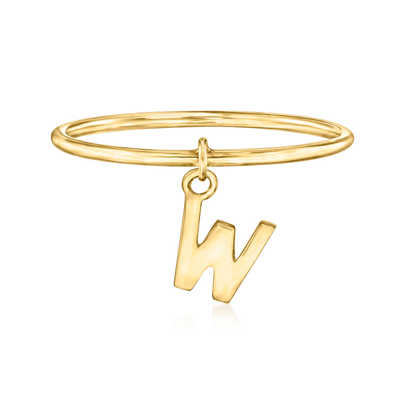 14kt yellow gold initial W charm ring with hanging letter pendant