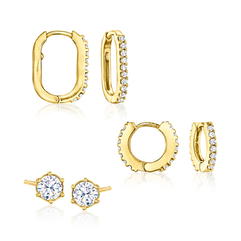 18kt gold over sterling hoop earrings with clear CZ accents and round stud CZ earrings