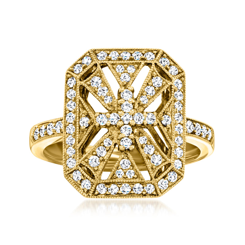 18kt yellow gold openwork diamond ring with round-cut stones in geometric lattice