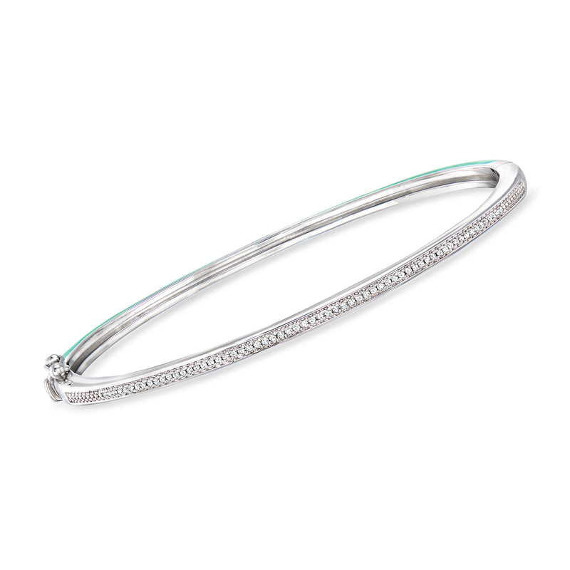 Sterling silver reversible bangle bracelet with diamond row and turquoise edge