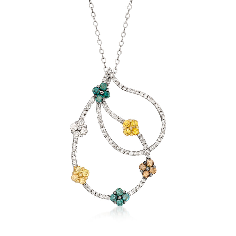 Multicolored diamond floral pendant necklace, teardrop floral design, white gold chain