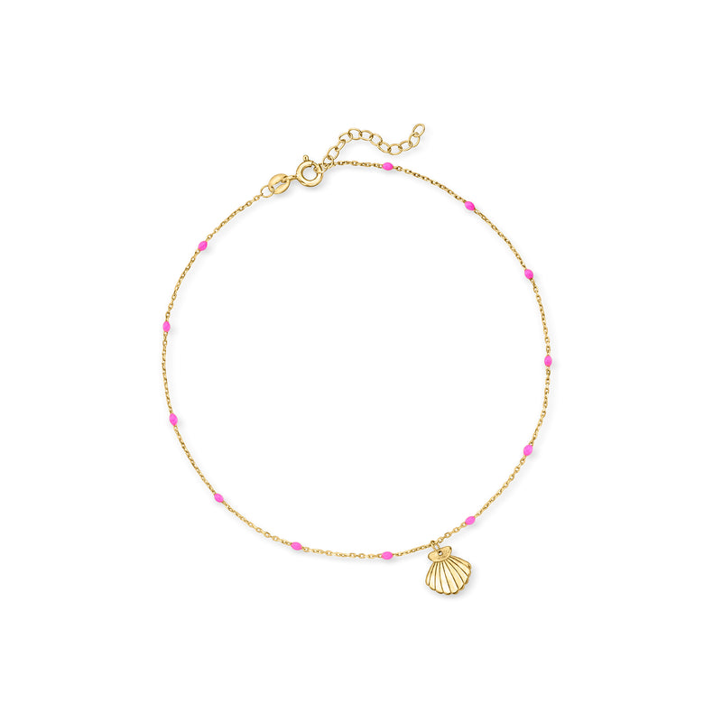 Yellow gold seashell enamel station anklet with pink bead stations and small shell charm