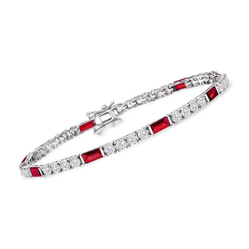 Sterling silver tennis bracelet with rectangular red simulated ruby and clear stones