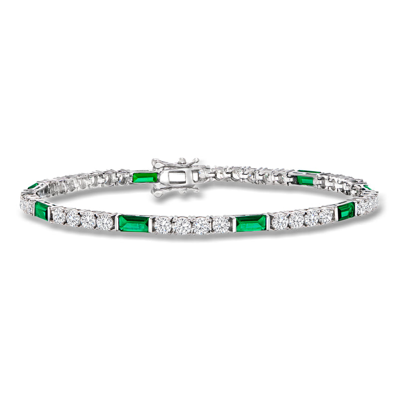 Sterling silver tennis bracelet with green simulated emerald and clear CZ stones
