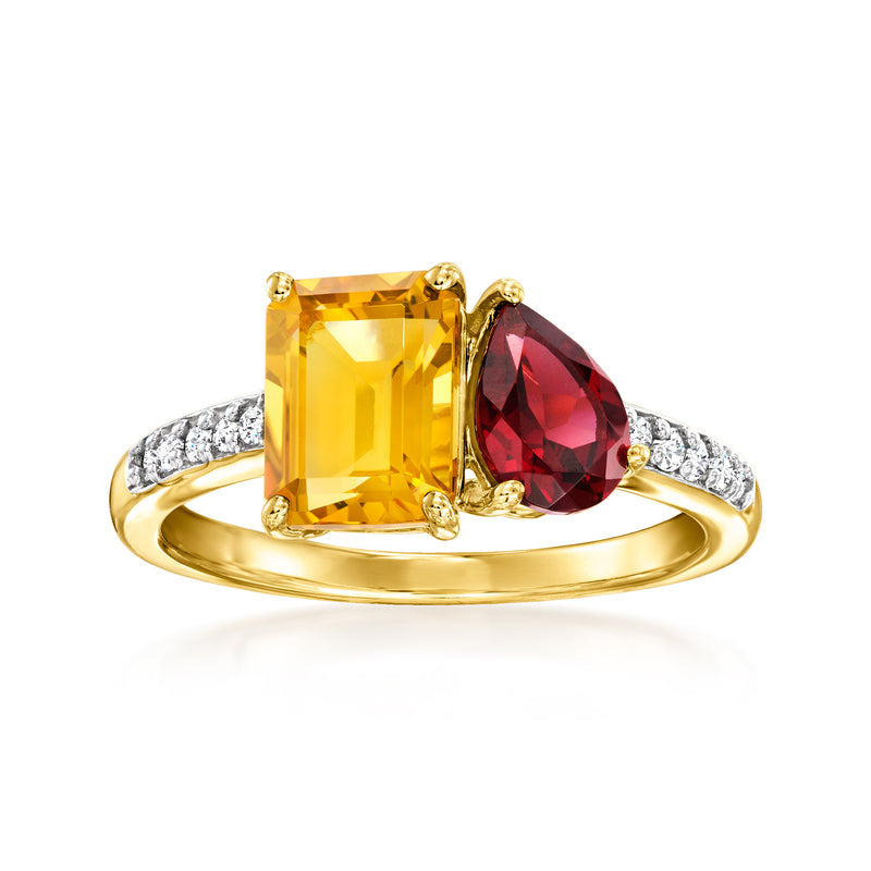 14k yellow gold toi et moi ring with yellow citrine, red garnet, and diamond accents