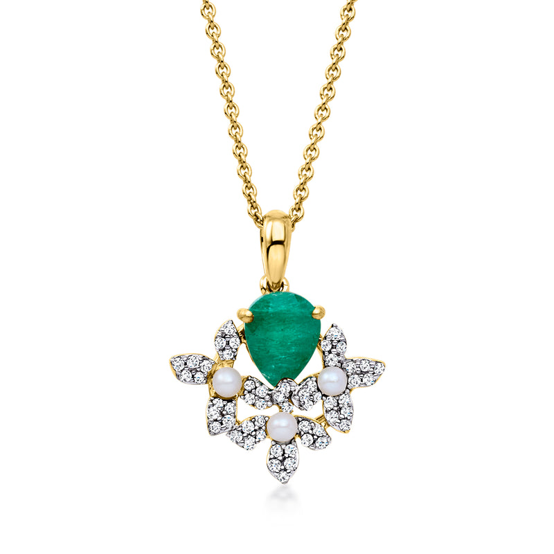Gold pendant necklace: emerald-green teardrop center, white stones, cultured pearls