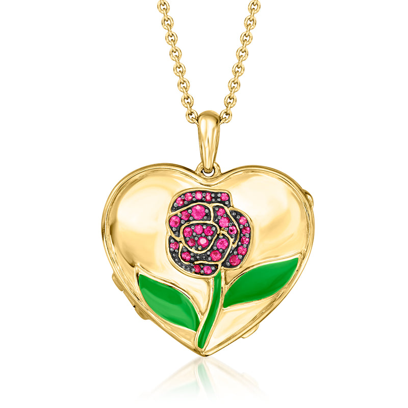 Gold heart locket necklace with green enamel and pink stone heart center
