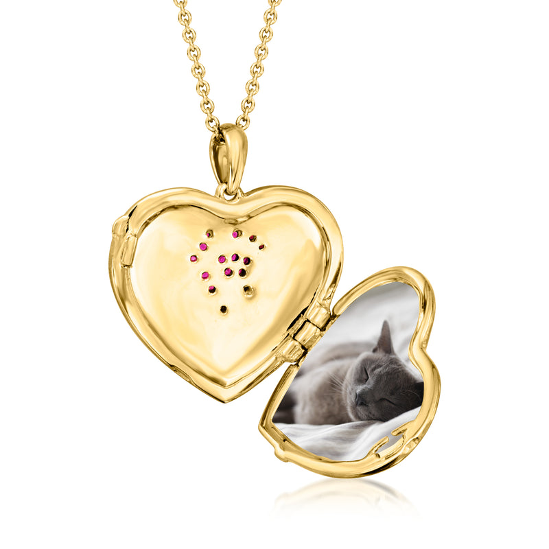 Gold heart locket necklace, open case showing gray cat photo and pink stone center