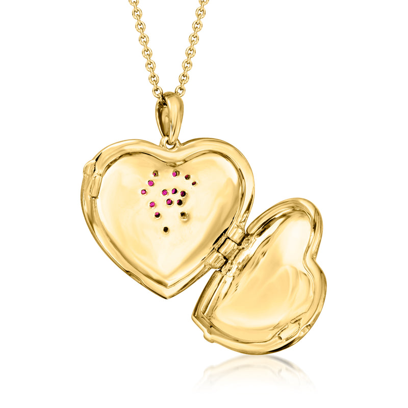 Gold heart locket necklace with pink stone center, open heart locket back