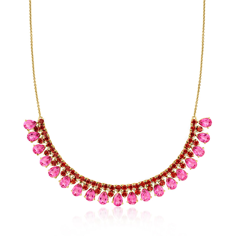Gold over sterling silver necklace with pink oval gemstones in a curved setting