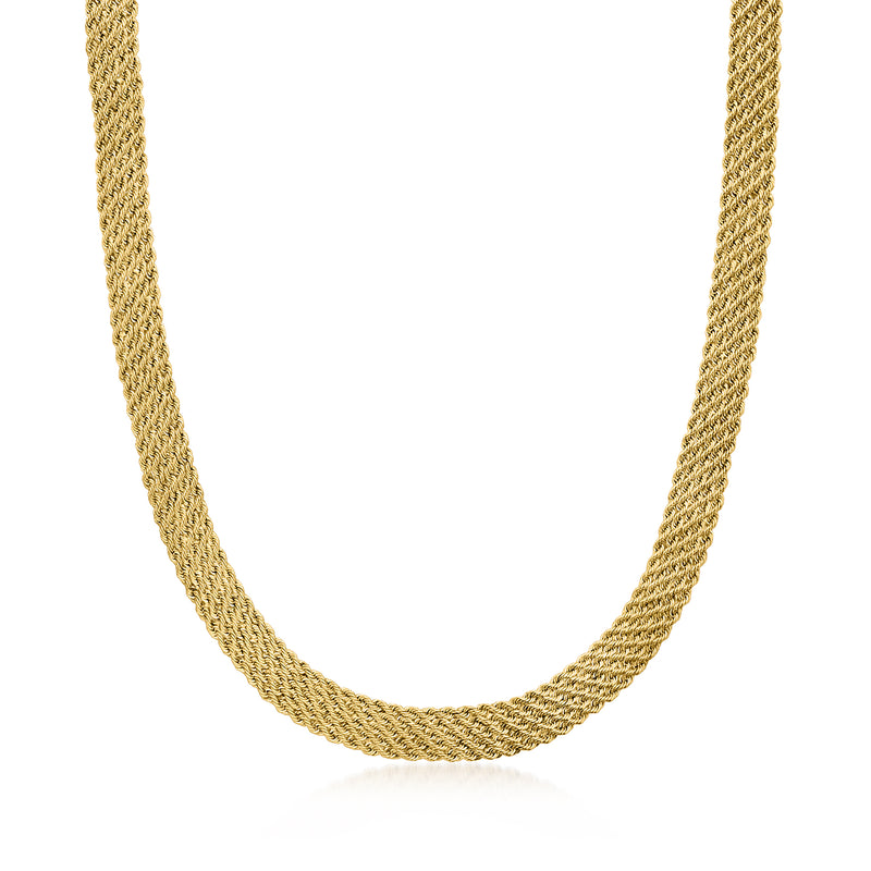 Yellow gold rope-chain necklace, close-up of multi-row links