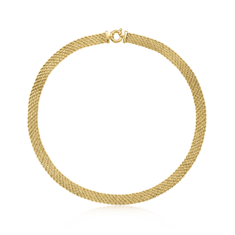 Yellow gold multi-row rope-chain necklace with small IC charm at clasp
