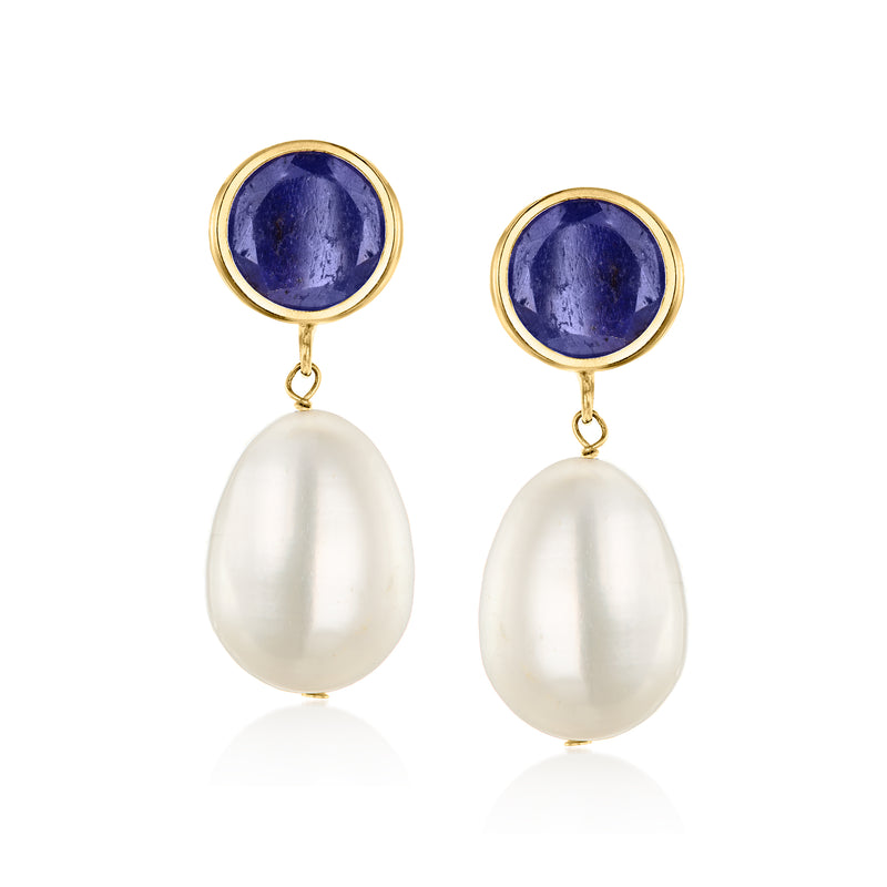 Yellow gold drop earrings with round blue sapphire and white teardrop cultured pearl