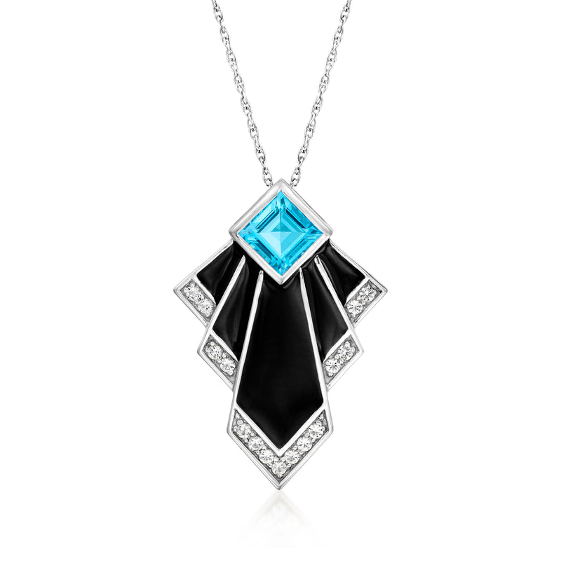 Sterling silver pendant necklace with blue topaz center, black enamel, and white topaz accents