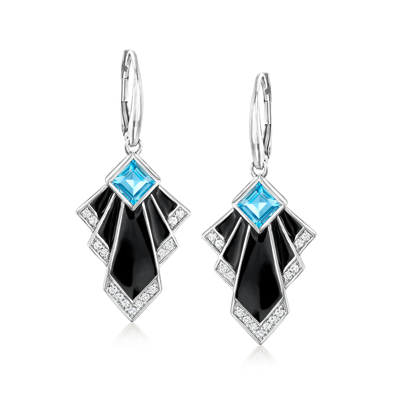 Sterling silver leverback drop earrings with blue topaz, black enamel, and white accents