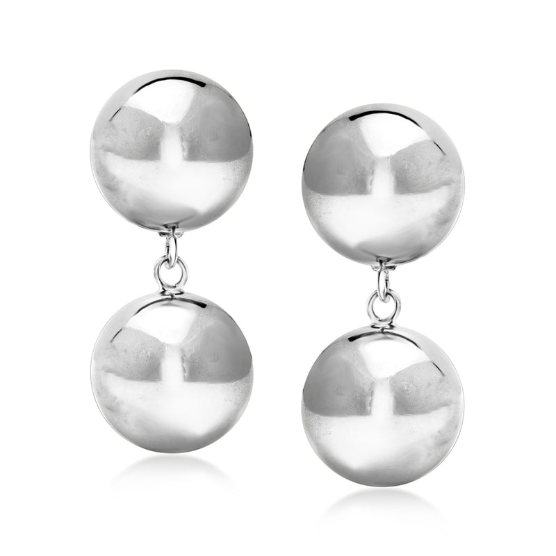 Polished sterling silver double-bead drop earrings with round ball drops