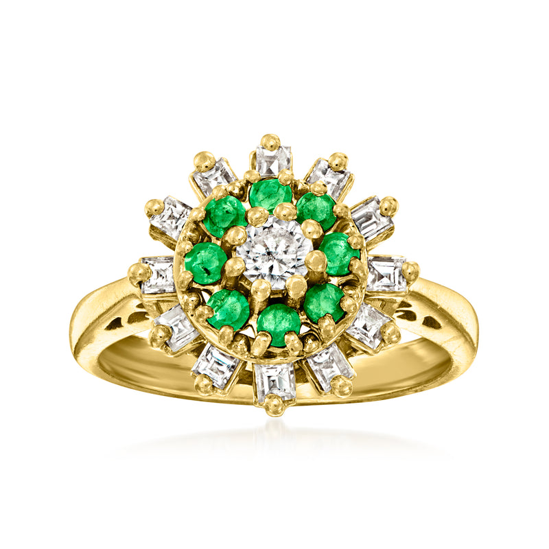 14k yellow gold cluster ring with green emerald and white diamond accents