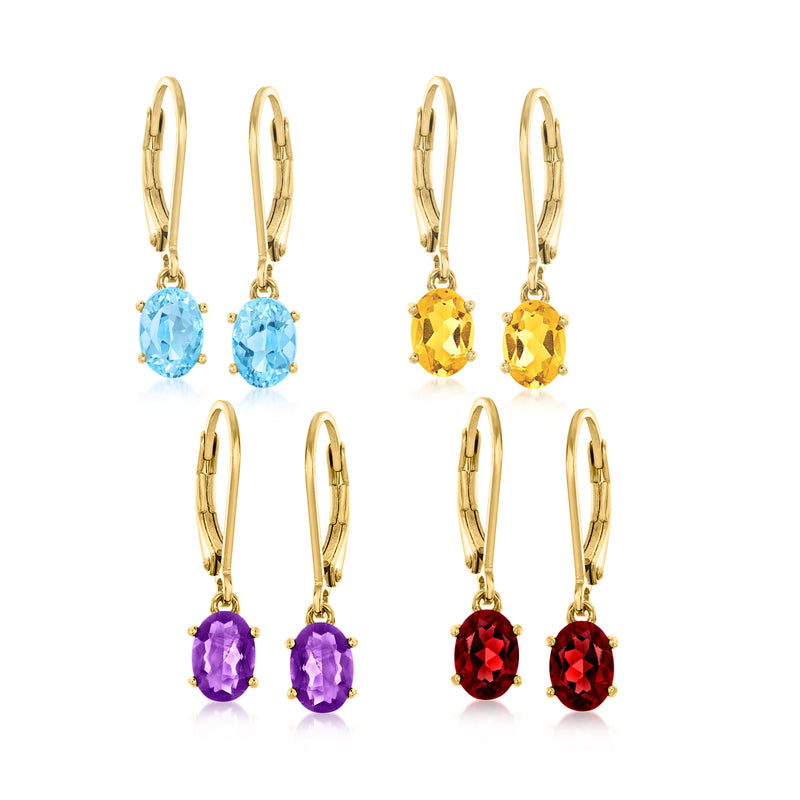 Multi-gemstone drop earrings set with leverback, blue, yellow, purple, and red stones